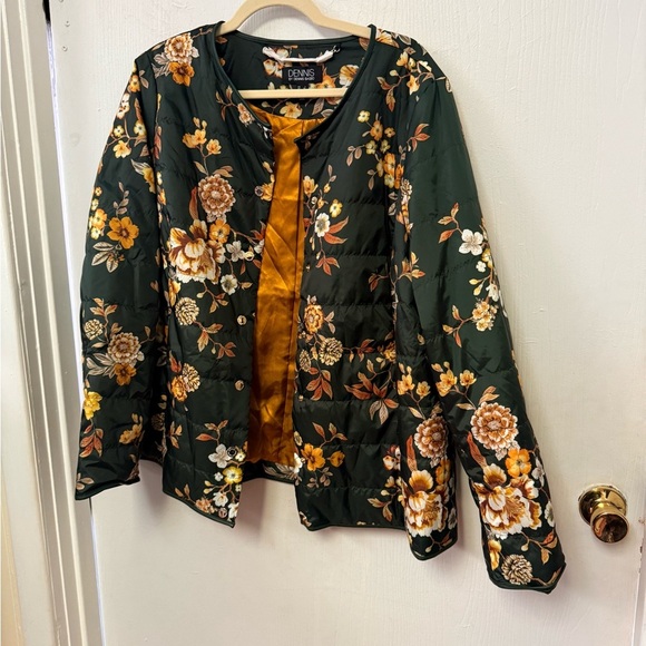 Dennis Basso Dark Green Thanksgiving Vibes Floral Puffer Jacket NWOT - Picture 2 of 6